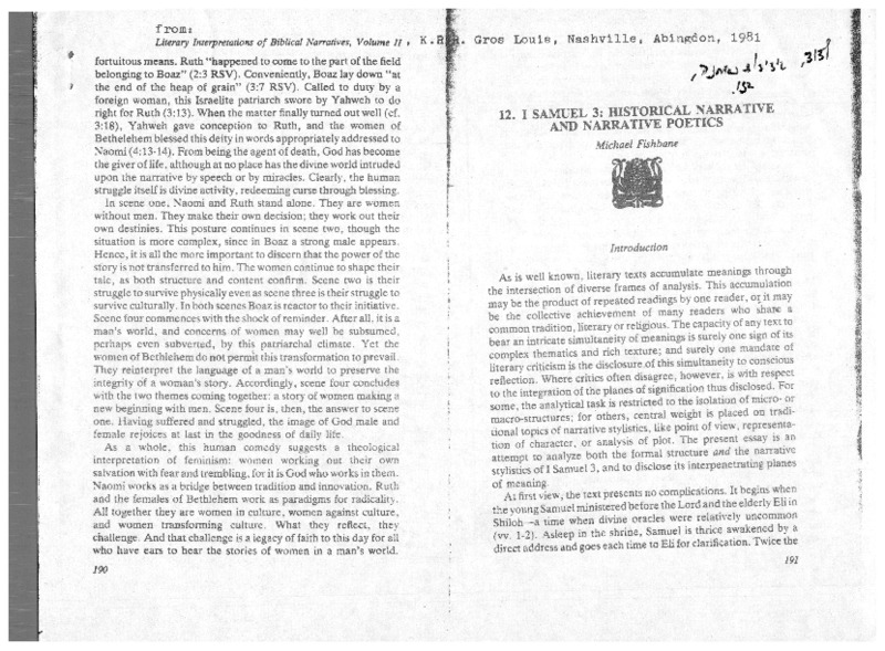 I Samuel 3: Historical Narrative and Narrative Poetics