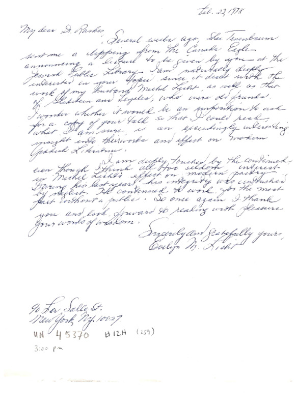 Evelyn Licht to David Roskies, February 23, 1978