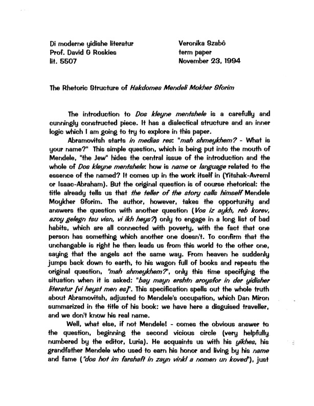 The Rhetoric Structure of Hakdomes Mendeli Mokher Sforim