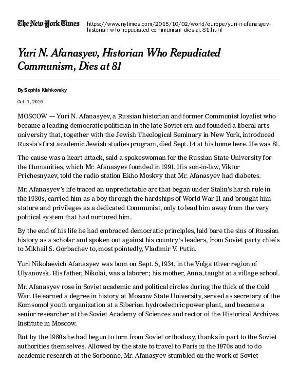 Yuri N. Afanasyev, Historian Who Repudiated Communism, Dies at 81 - The New York Times.pdf