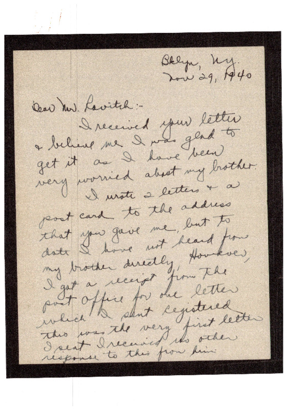 Letter from Louis Pearl (לײבל פּערלע) to Melech Ravitch, November 29, 1940