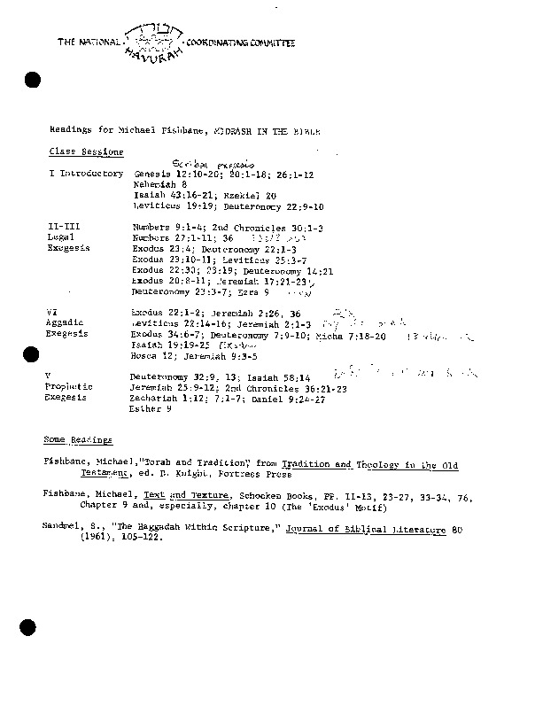 Syllabus for Michael Fishbane's class, Midrash in the Bible