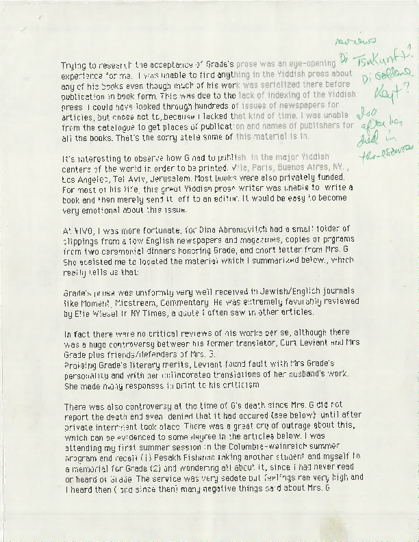 Chaim Grade: Research Notes