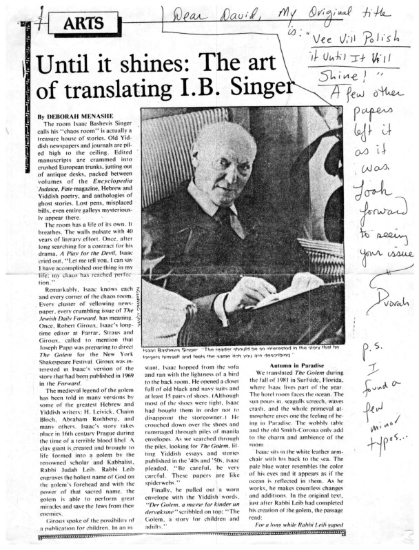 Until it Shines: The Art of Translating I. B. Singer